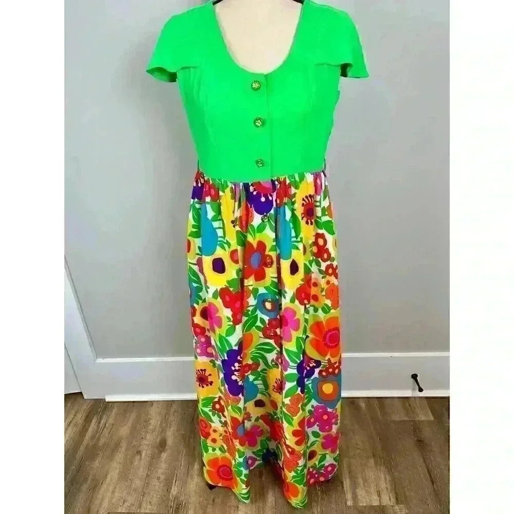 Vtg 70's Georgie Keyloun Maxi Dress Floral Bright Button Front Hippie Women's M